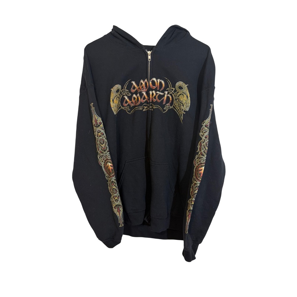Amon Amarth Band Zip Up Hoodie Mens Large Black Graphic Metal Viking Goat y2k